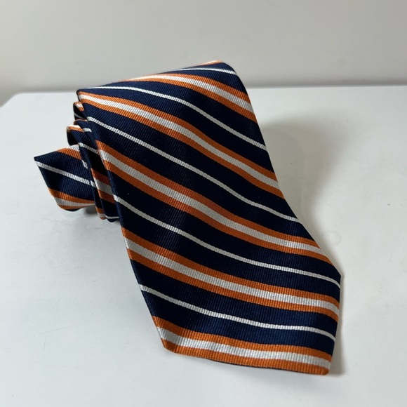 Brooks Brothers 100% Silk Made in USA Striped Navy and Orange Tie EUC - Picture 1 of 12